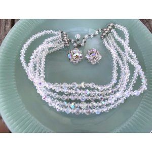 Vintage AB Clear Crystal 5 Strand Beaded Necklace earrings set